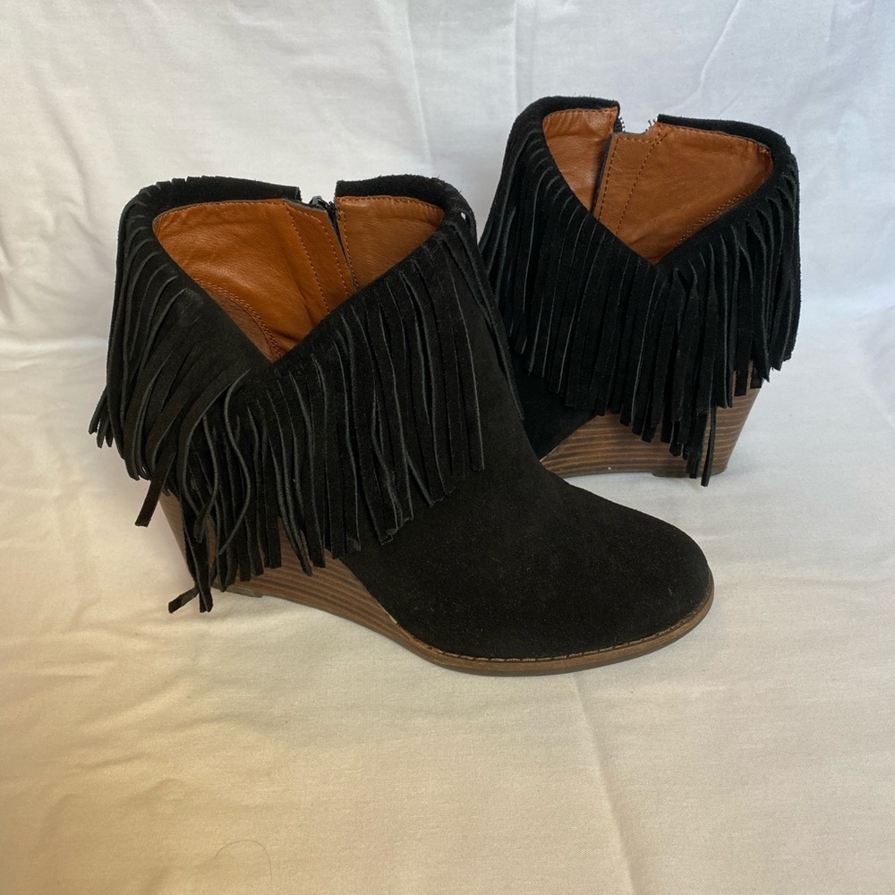 Lucky Brand leather fringe wedge booties size 8.5